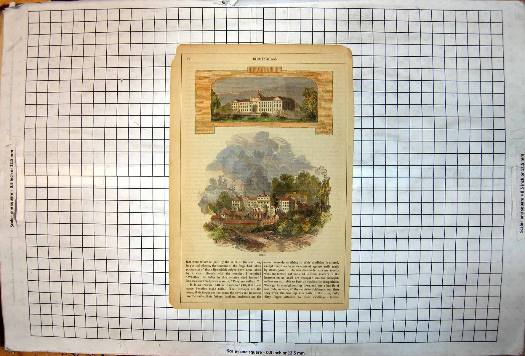 Antique Old Print Soho Birmingham Smoky Nail Making Forges Woodland Colour