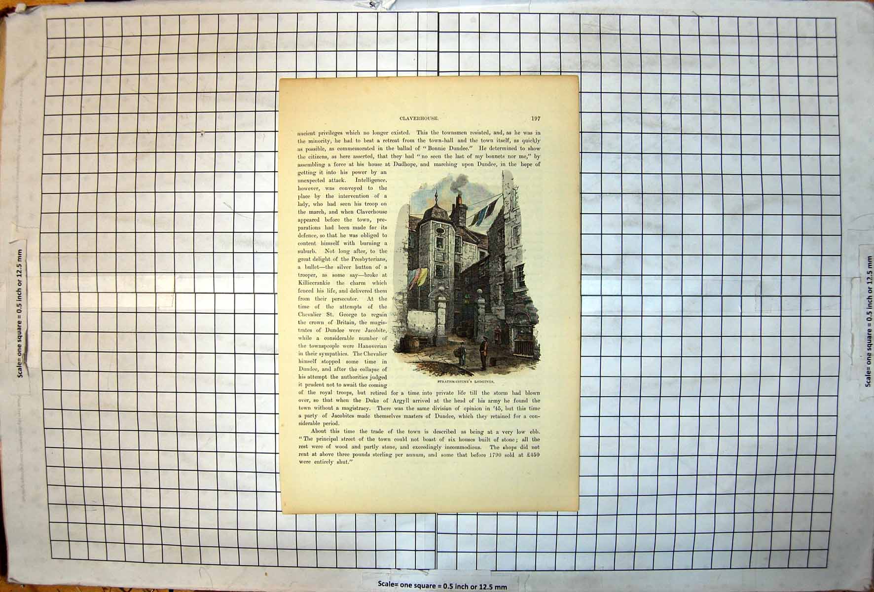 Antique Old Print Strathmartine'S Lodgings Dundee Buildings Exterior Washing