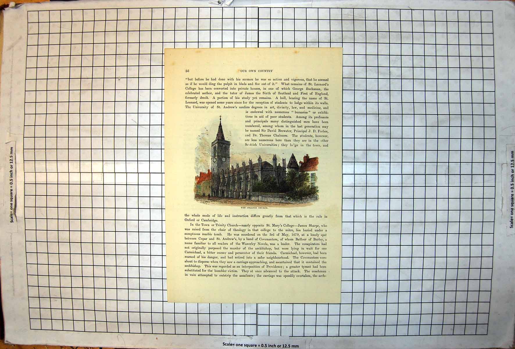 Antique Old Print College Church St Andrews Scotland Colour Building Trees