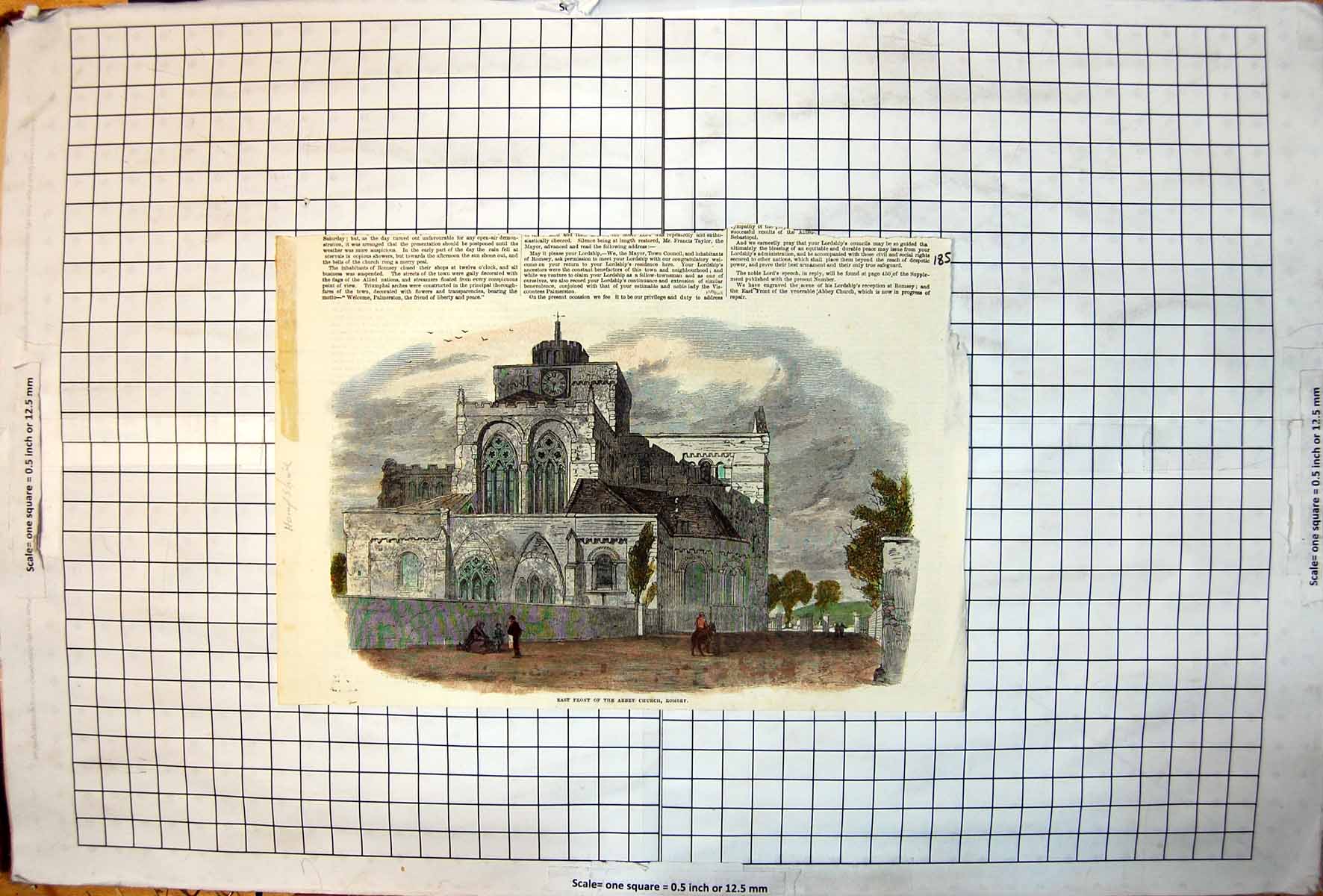 Old Antique Print East Front Abbey Church Romsey Hampshire Trees Colour
