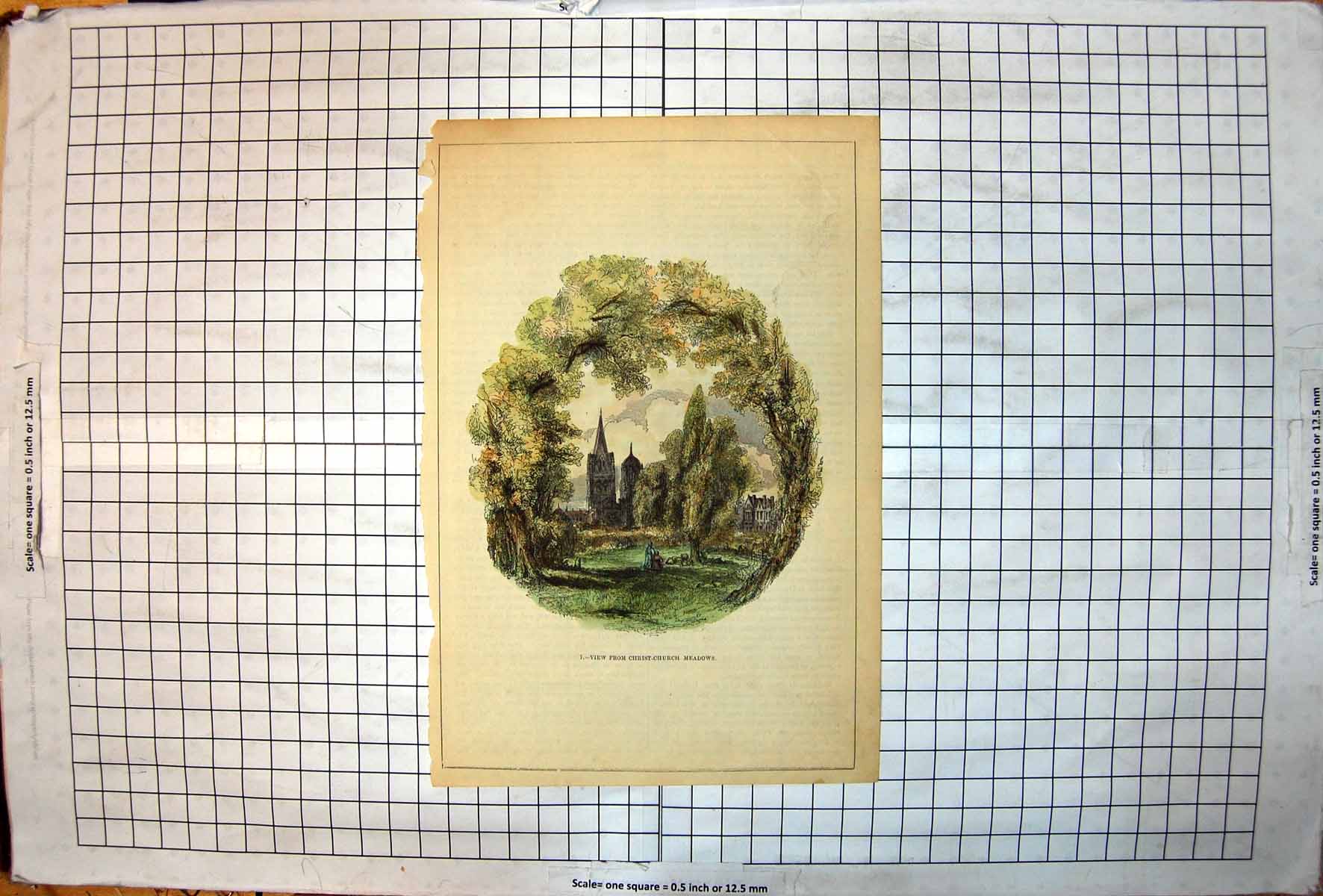 Antique Old Print View From Christ Church Meadows Spires Trees Houses People