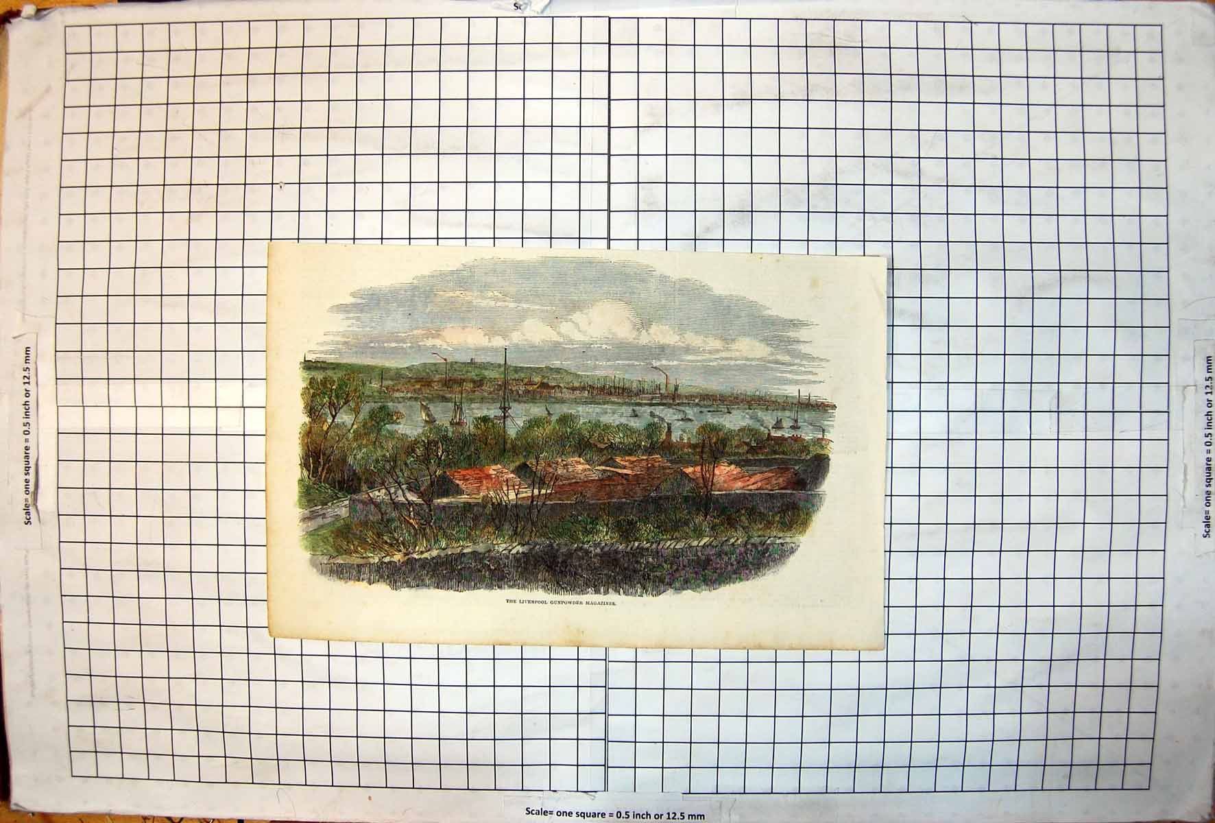 Antique Old Print Liverpool Gunpowder Magazines Red Roofed Buildings Enclosed