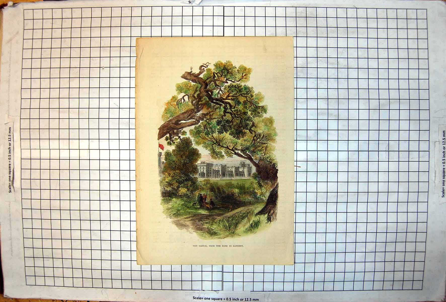 Antique Old Print Windsor Castle From Path Datchet Grey Building Flag Trees