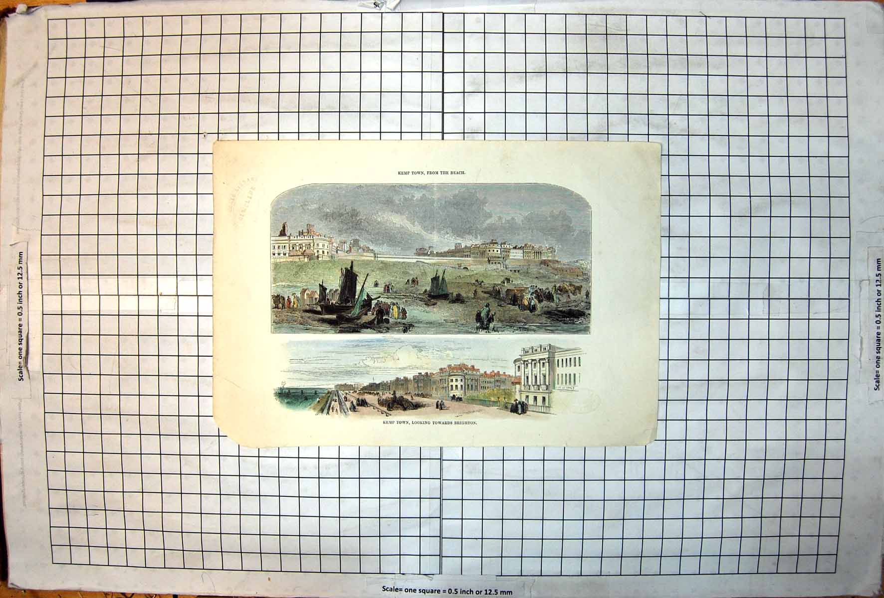 Antique Print Kemp Town From Beach Looking Towards Brighton Boats Esplanade