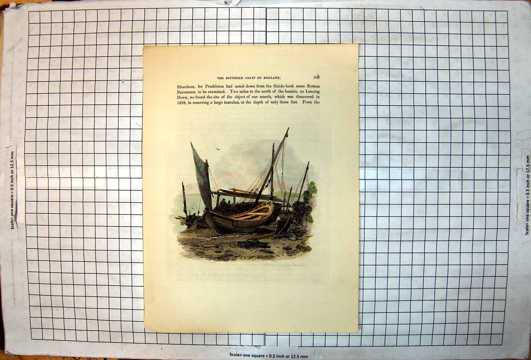 Antique Old Print Northing Point From Shoreham Sail Boats Fishing Nets Beach