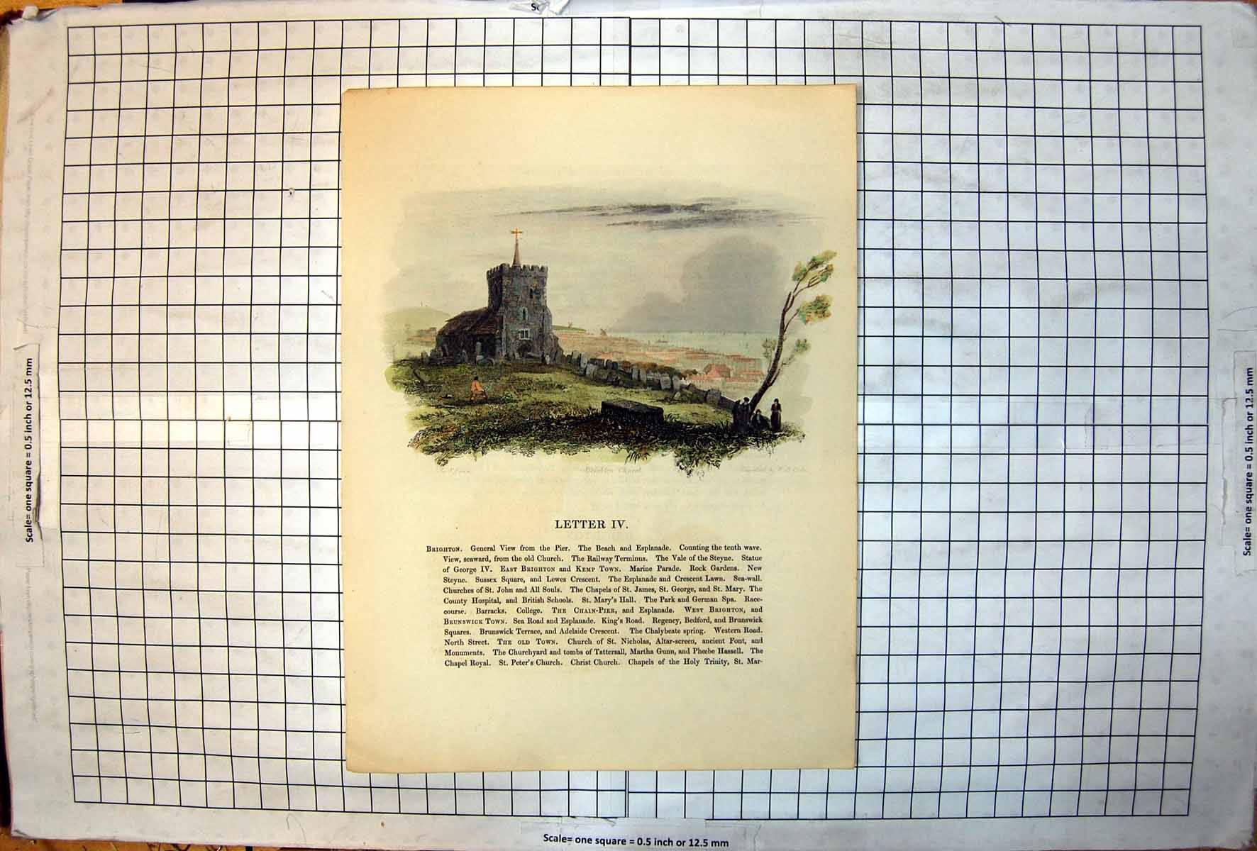 Antique Old Print Brighton Church Graveyard Town Beyond Sea People Tree Tomb