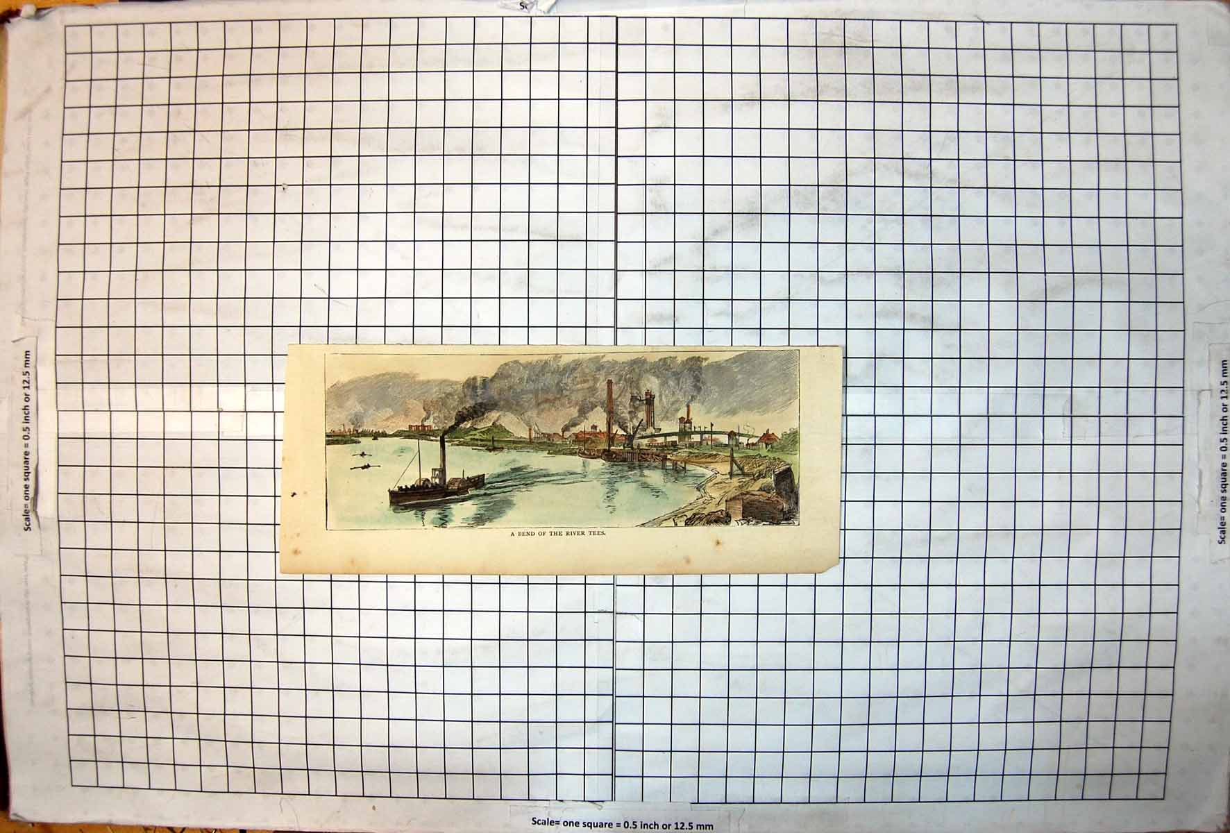 Antique Old Print Bend River Tees Steamboat Rowing Boats Industrial Buildings