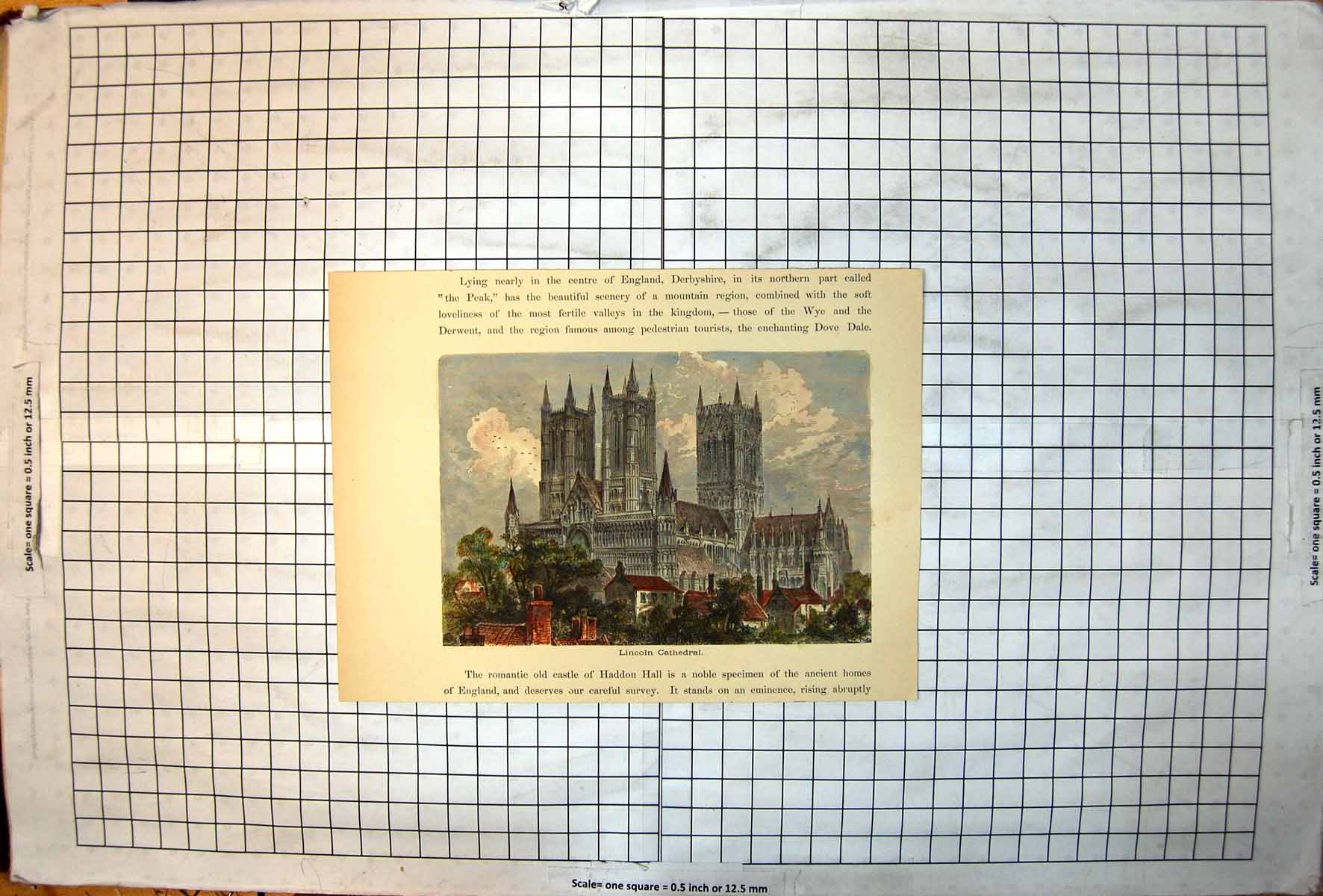 Old Print Lincoln Cathedral Towers Spires Arched Windows Buildings Houses