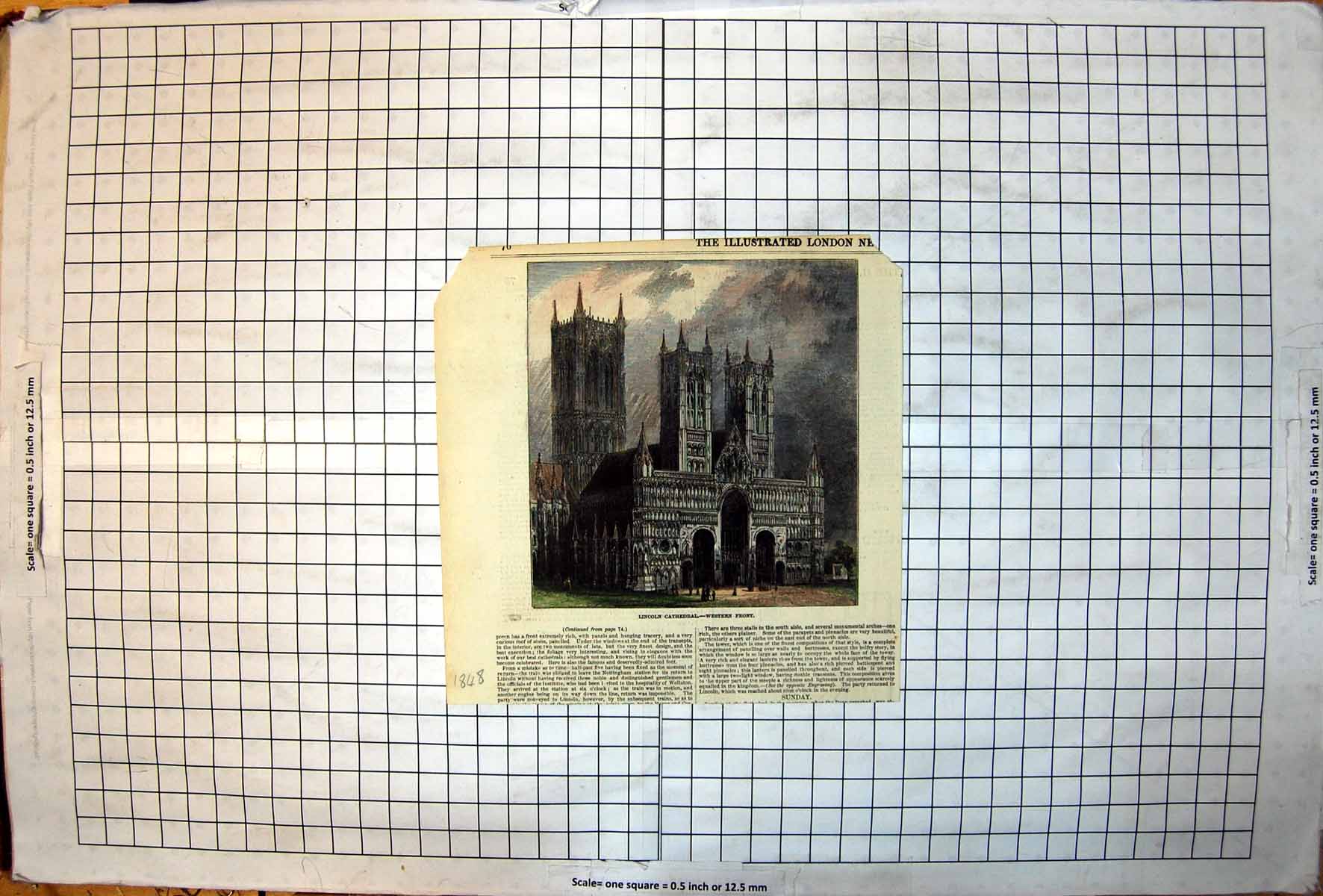 Old Print Lincoln Cathedral Western Front Towers Spires Arch Windows 1848 19th