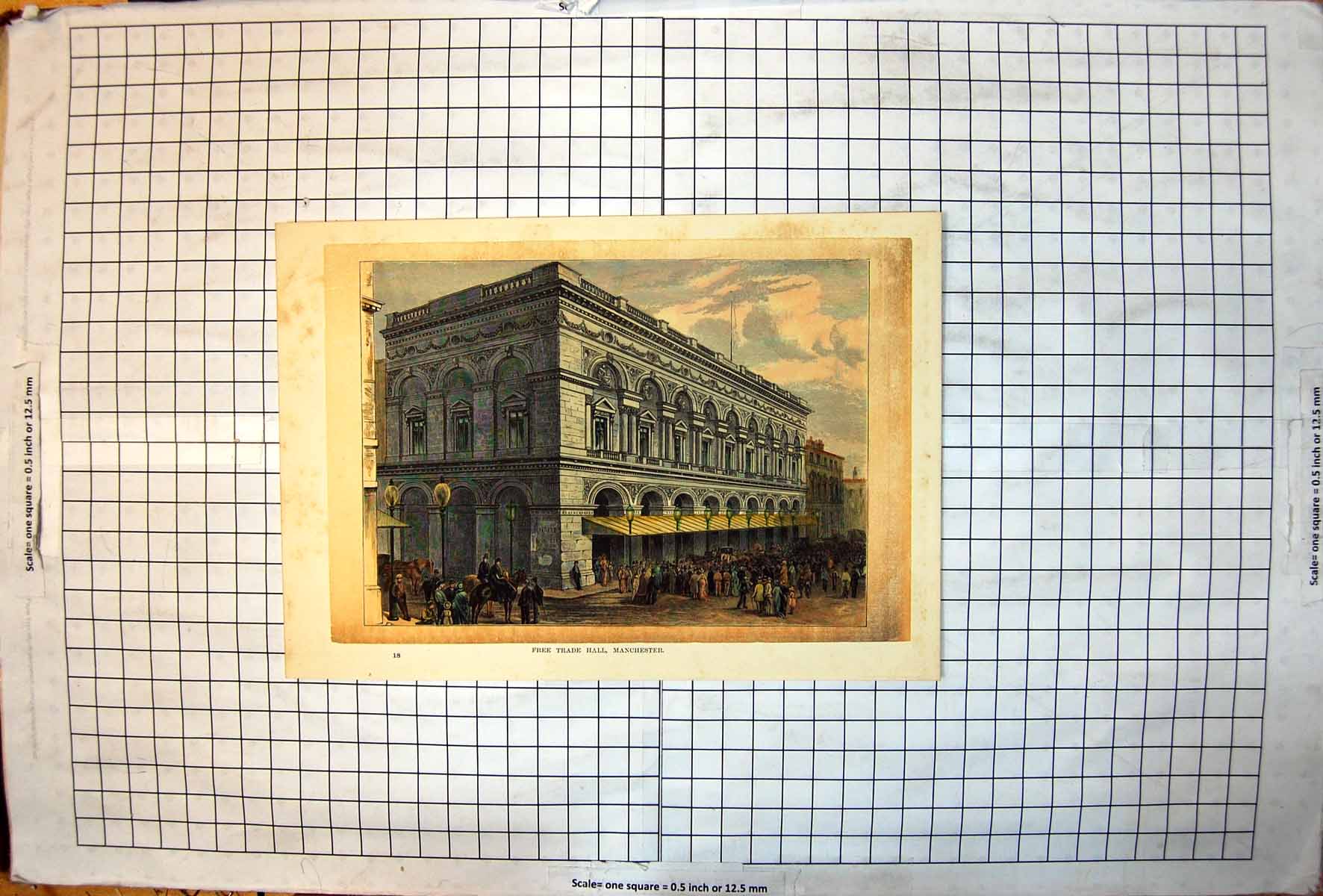 Antique Print Free Trade Hall Manchester Arches Columns Canopy Busy Street