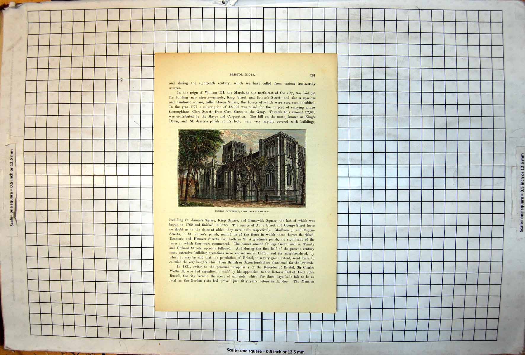 Antique Old Print Bristol Cathedral From College Green Colour Trees Building