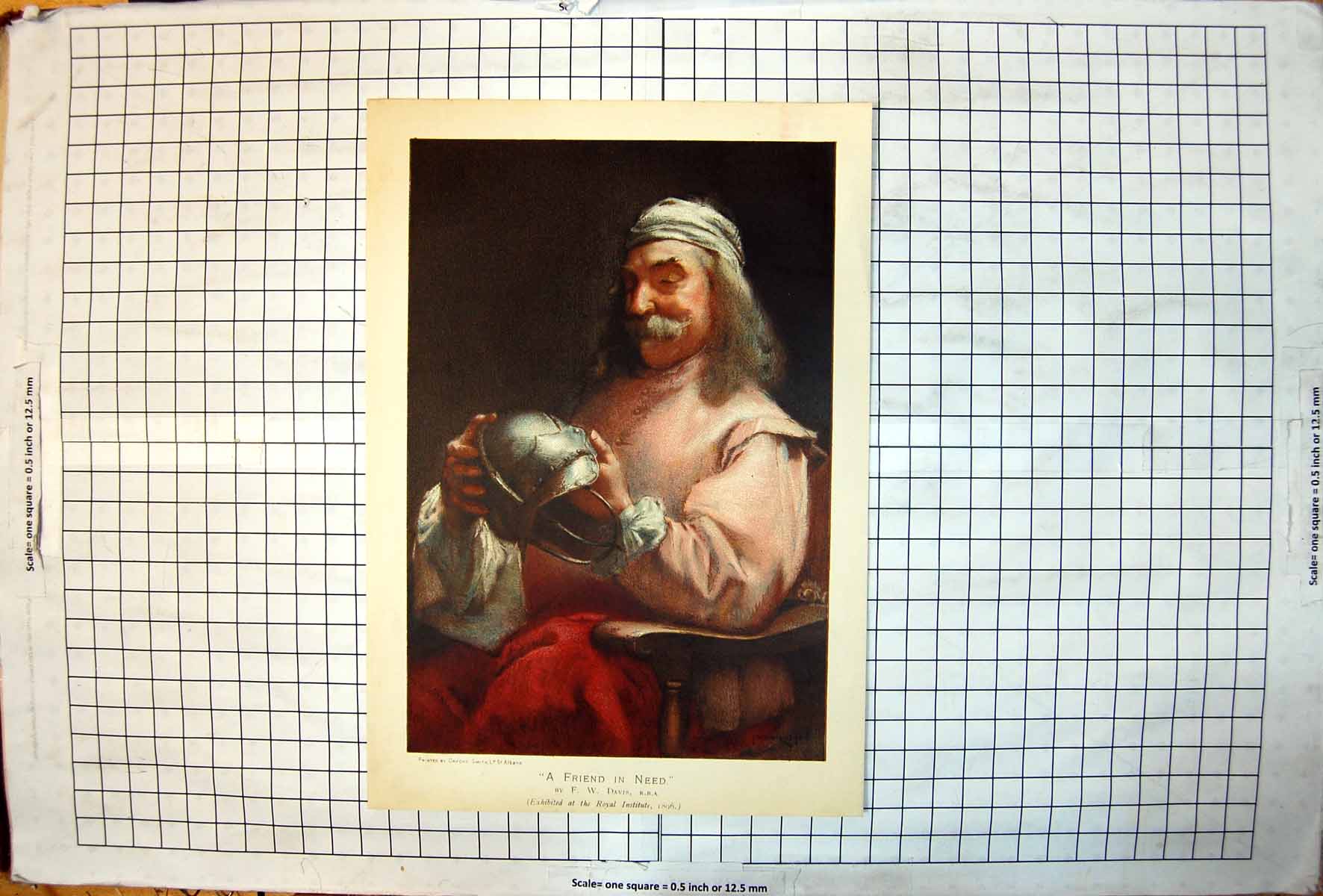 Antique Print Friend Need Portrait FW Davis Colour Man Studying Helmet 1897
