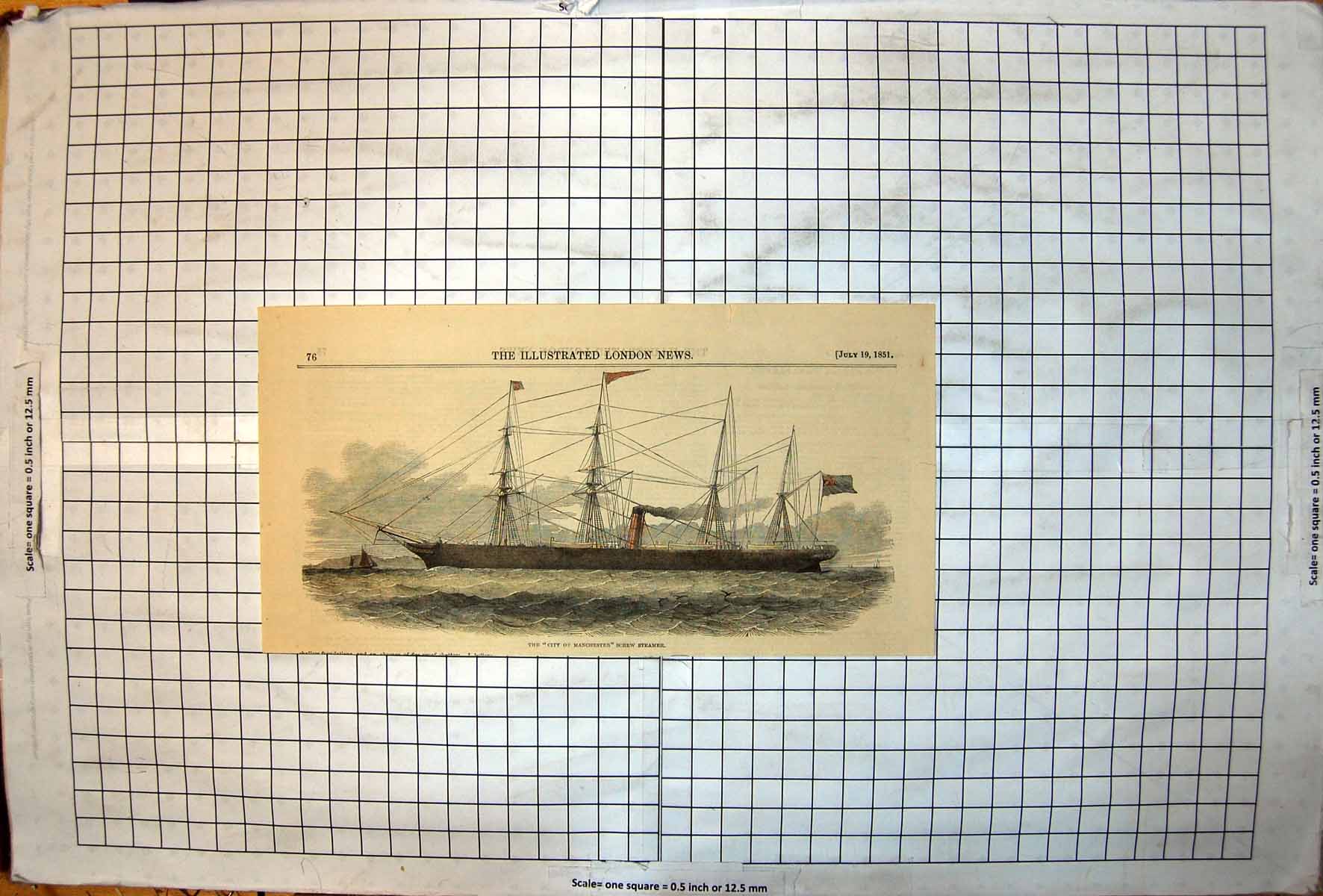Antique Old Print City Manchester Screw Steamer Four Masts At Sea Colour 1851