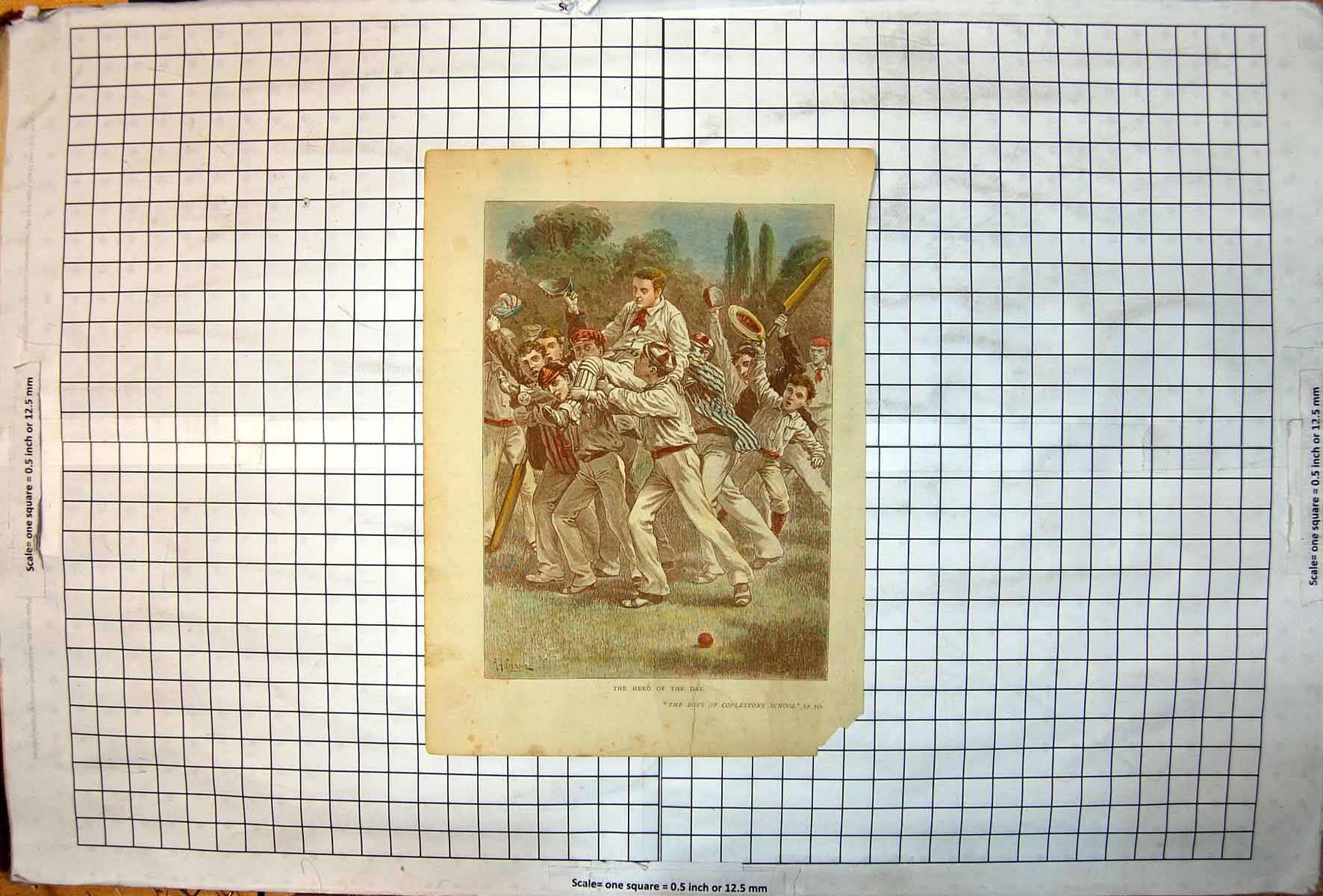 Antique Old Print Hero Day Boys Coplestone School Lifted Aloft By Cricketers