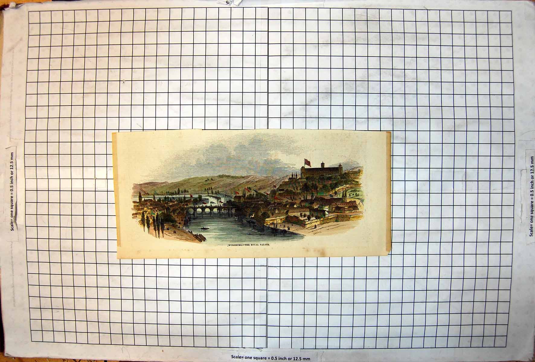 Antique Old Print Wurzburg The Royal Palace Smyth River Buildings Town Flag