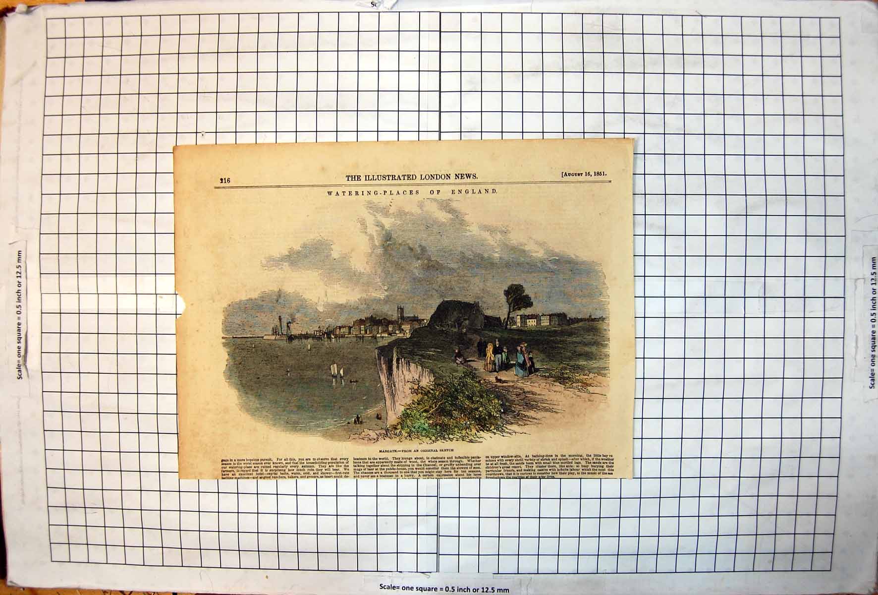 Old Antique Print Margate From Sketch Cliff Top Promenaders Bay Town 1851 19th