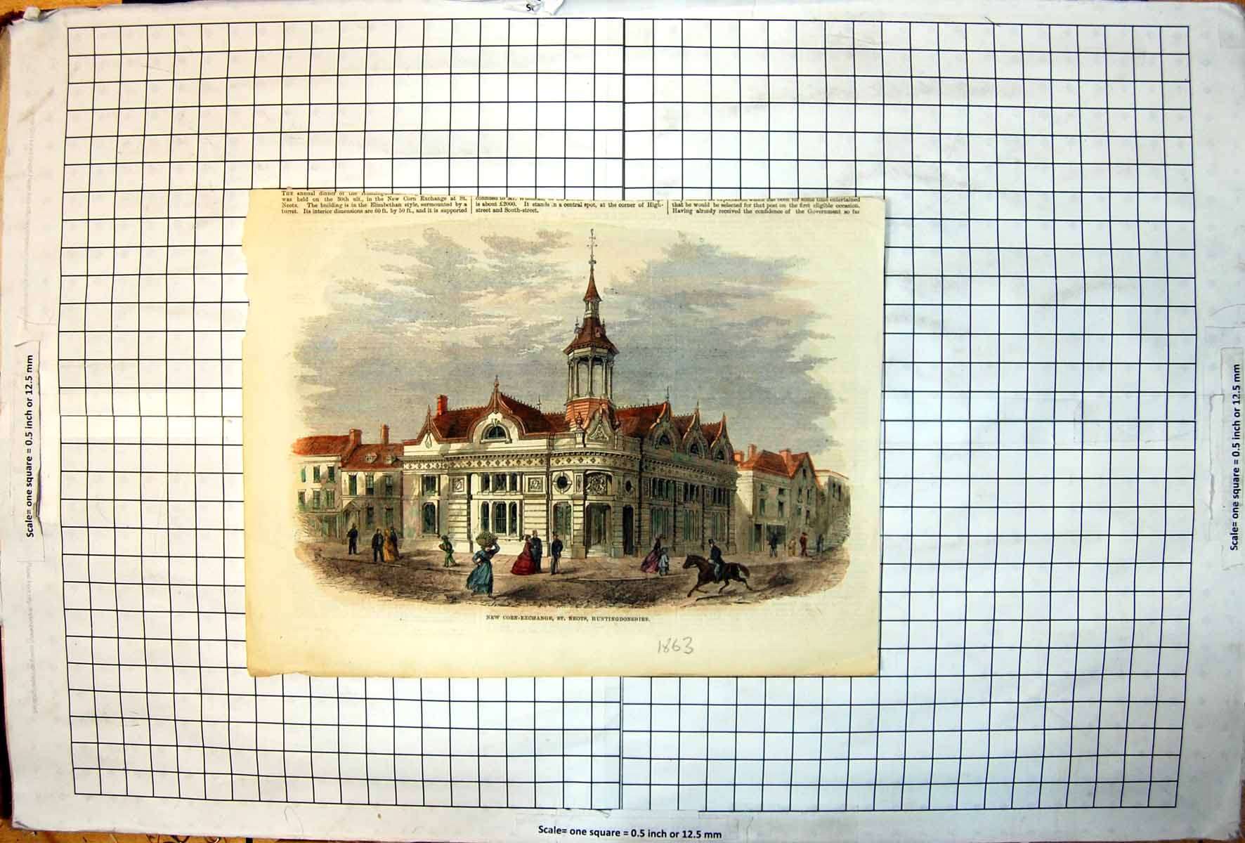 Old Antique Print New Corn Exchange St Neotts Huntingdonshire Colour 1863 19th