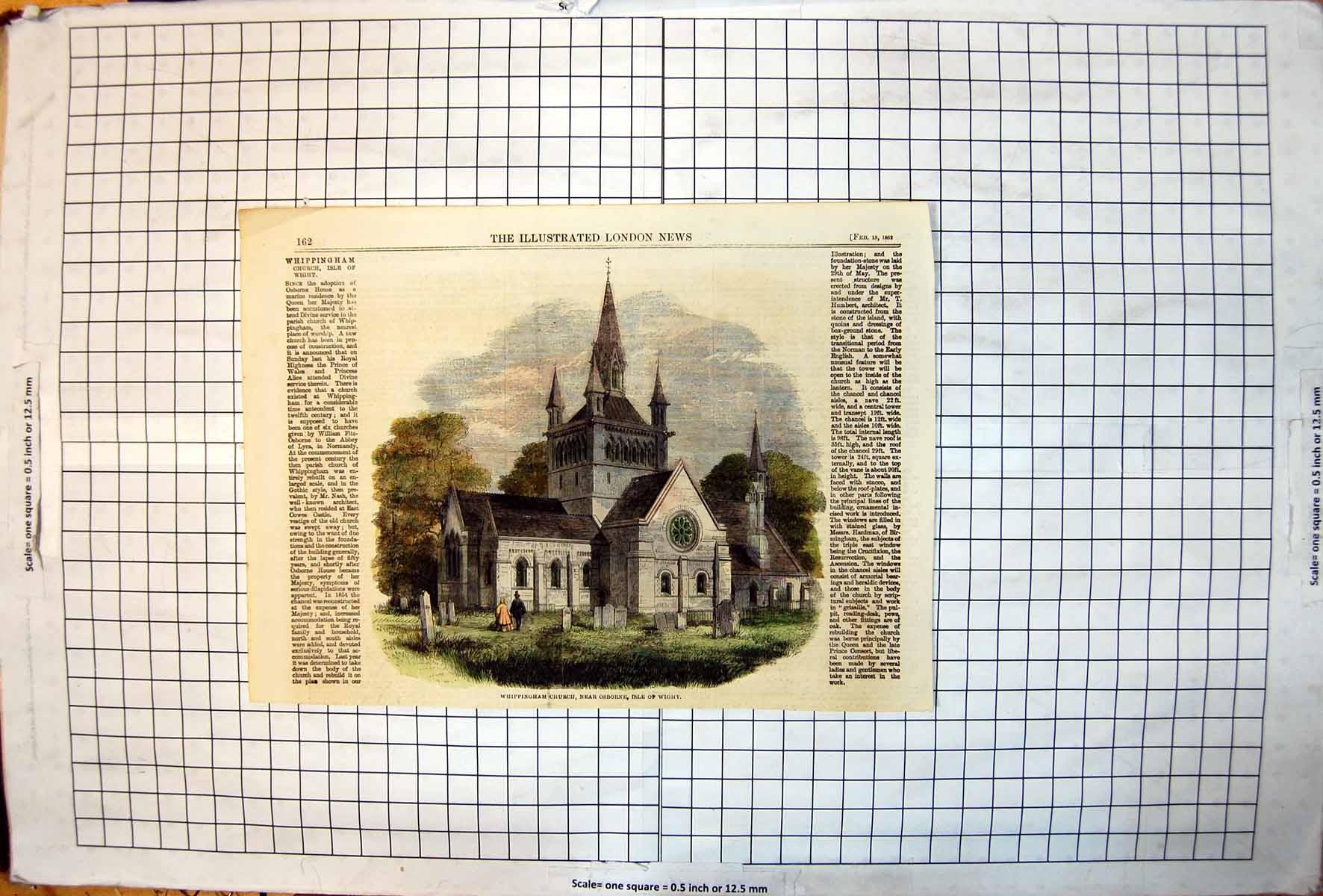 Old Antique Print Whippingham Church Near Osborne Isle Wight Trees 1862 19th
