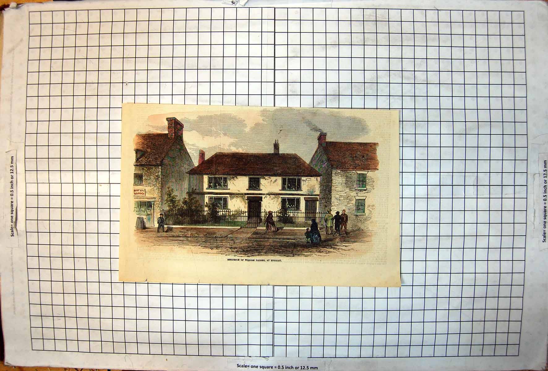 Antique Old Print Residence William Palmer Rugeley Two Storey House Street