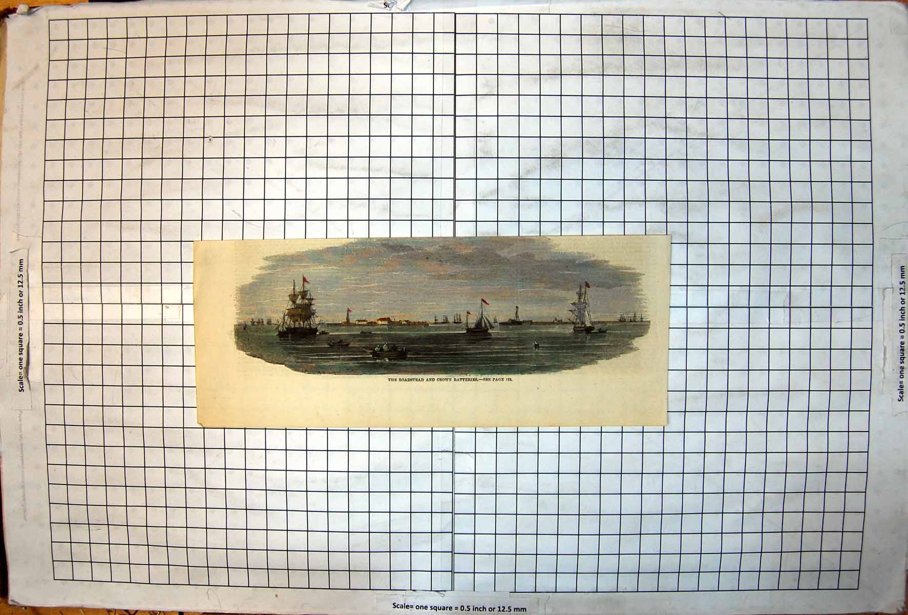 Antique Old Print Roadstead And Crown Batteries Sailing Ships Rowing Boats