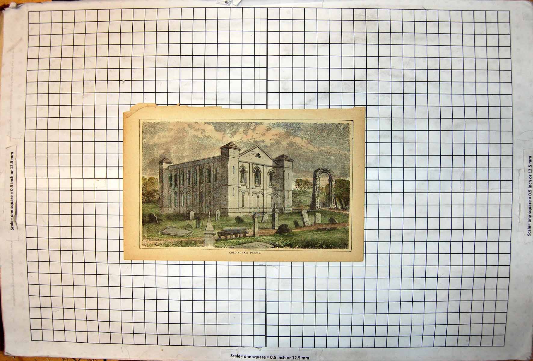 Old Antique Print Cingham Priory Austere Building Arches Graveyard Ruins