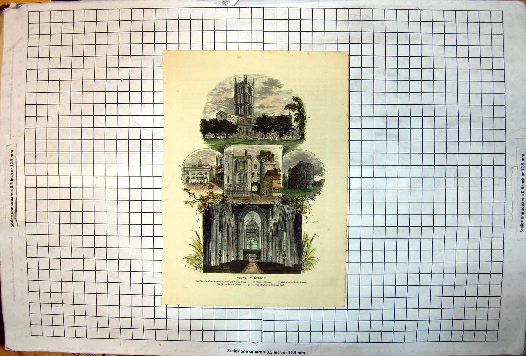 Antique Old Print Views Ludlow Church St Lawrence Market House Gateway Chapel