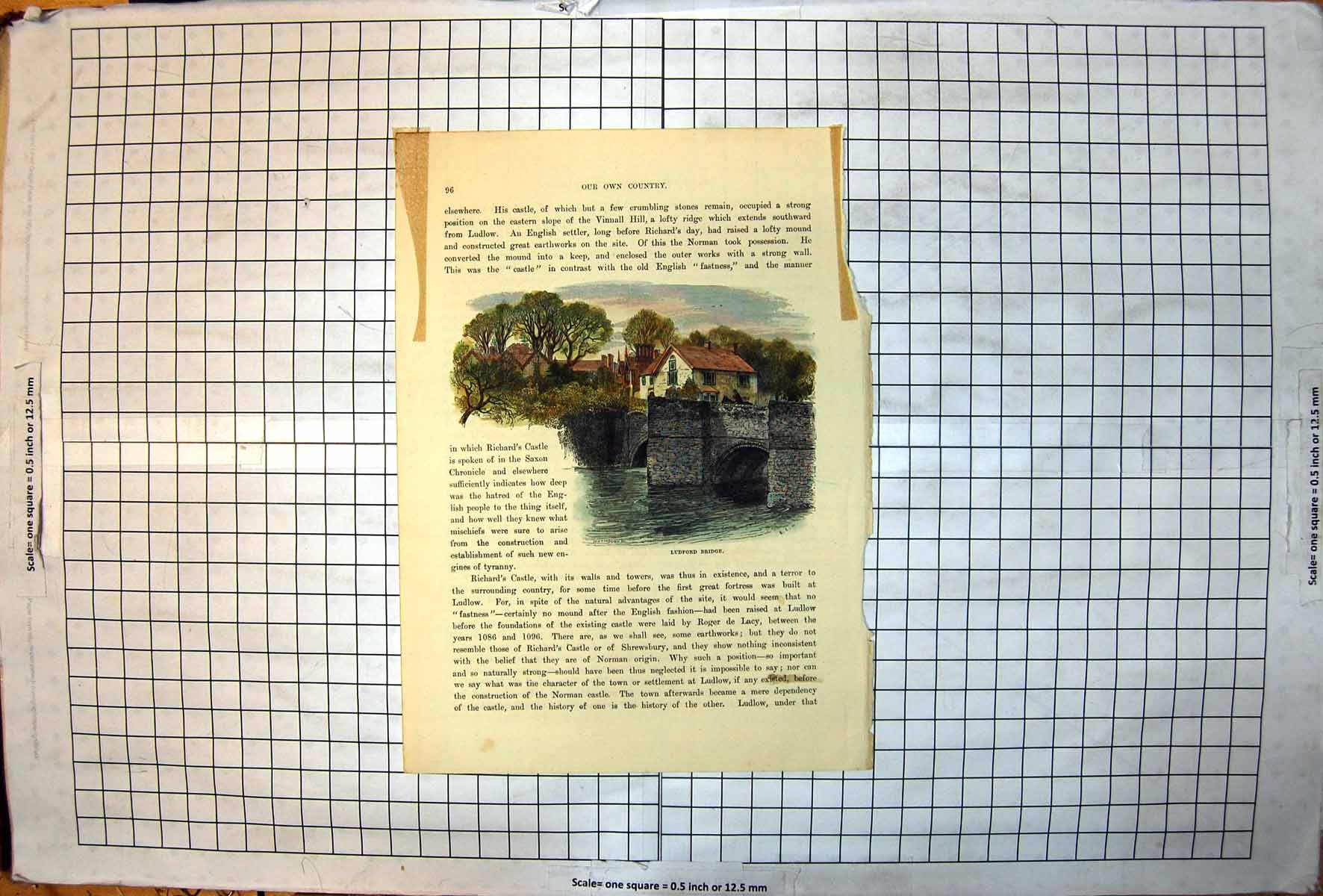 Antique Old Print Ludford Bridge Shropshire Horse Rider Crossing Houses Trees