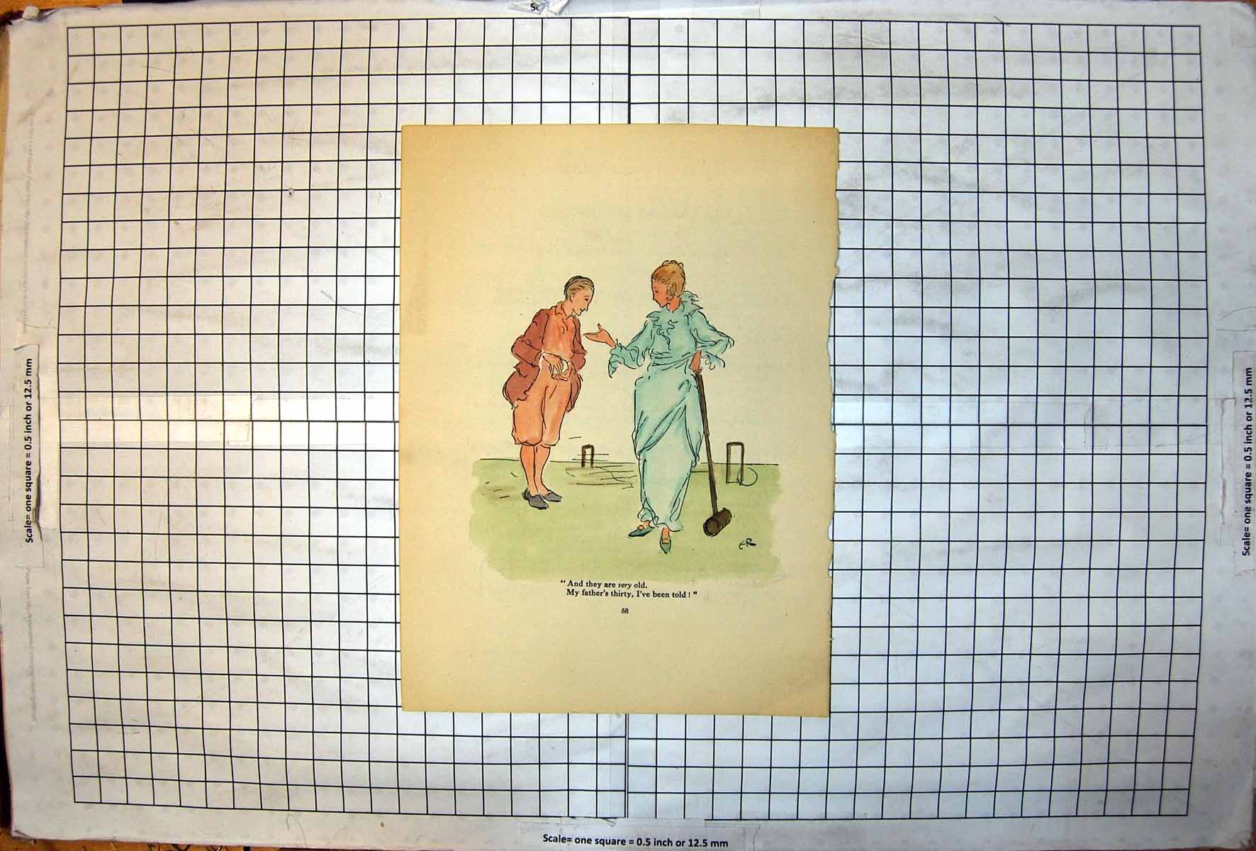 Original Old Antique Print Croquet Match Lady Young Gentleman Coloured ER At 30