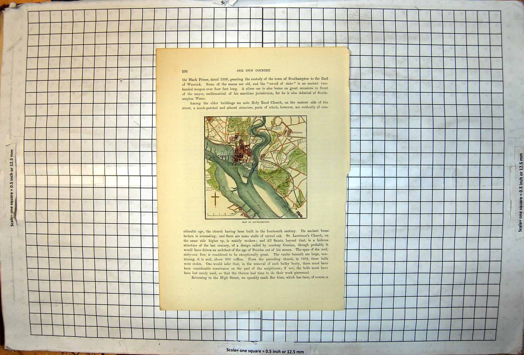 Antique Old Print Map Southampton Town River Bitterne Itchen Shirley Hythe