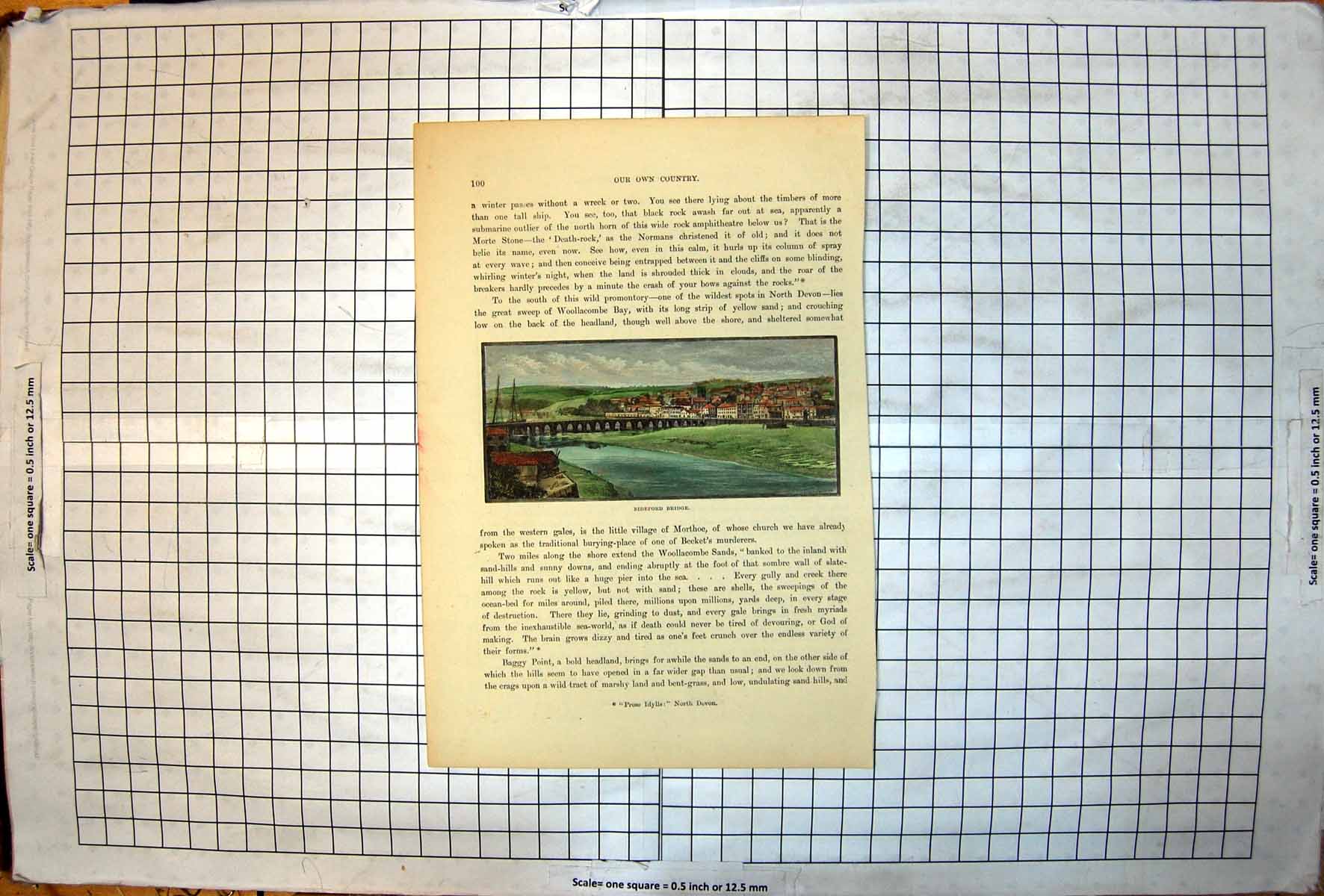 Antique Old Print Bideford Bridge River Torridge North Devon Buildings Town