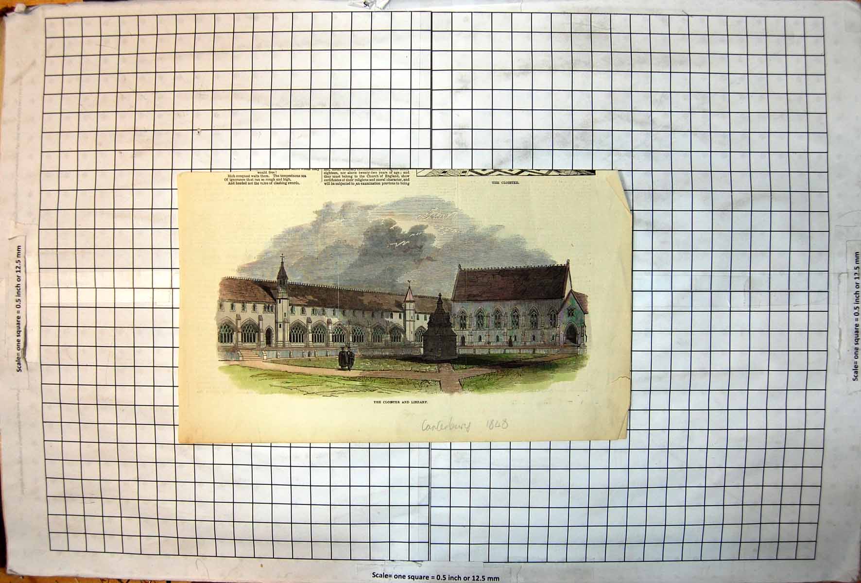 Antique Old Print Cloister And Library Canterbury Arches Steps Students 1848
