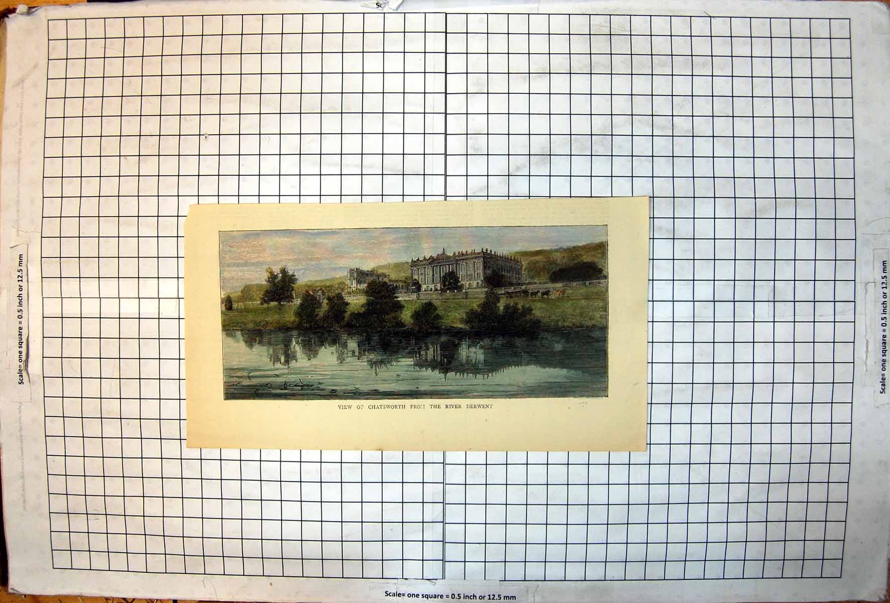 Antique Print View Chatsworth From River Derwent Imposing House Trees Water