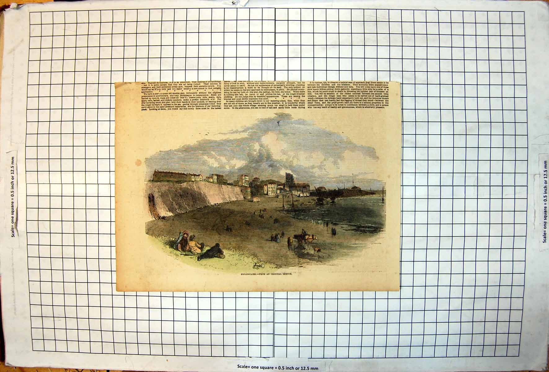 Original Old Antique Print Broadstairs From Sketch Seafront Steps Through Cliff