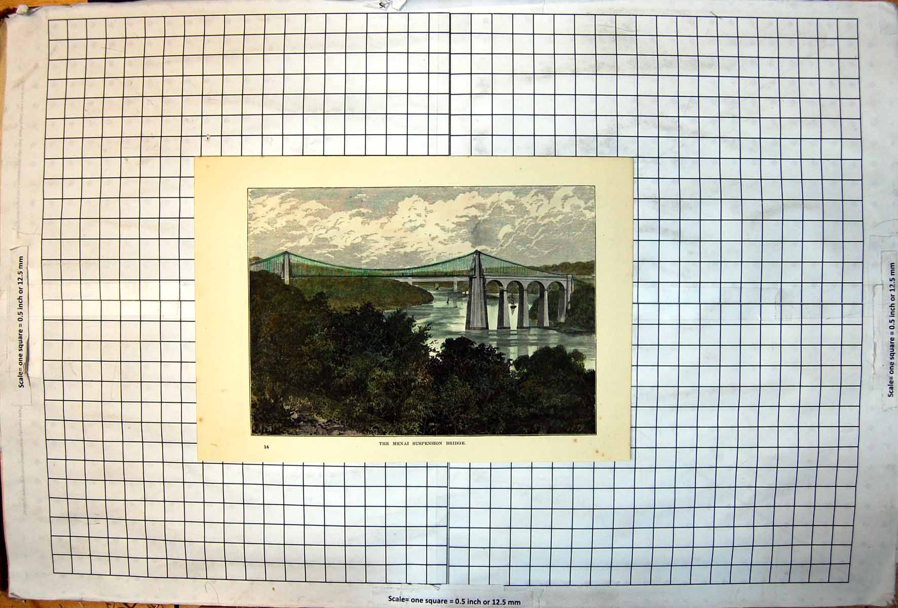 Antique Print Menai Suspension Bridge Sailing Boats Trees River Cloudy Sky