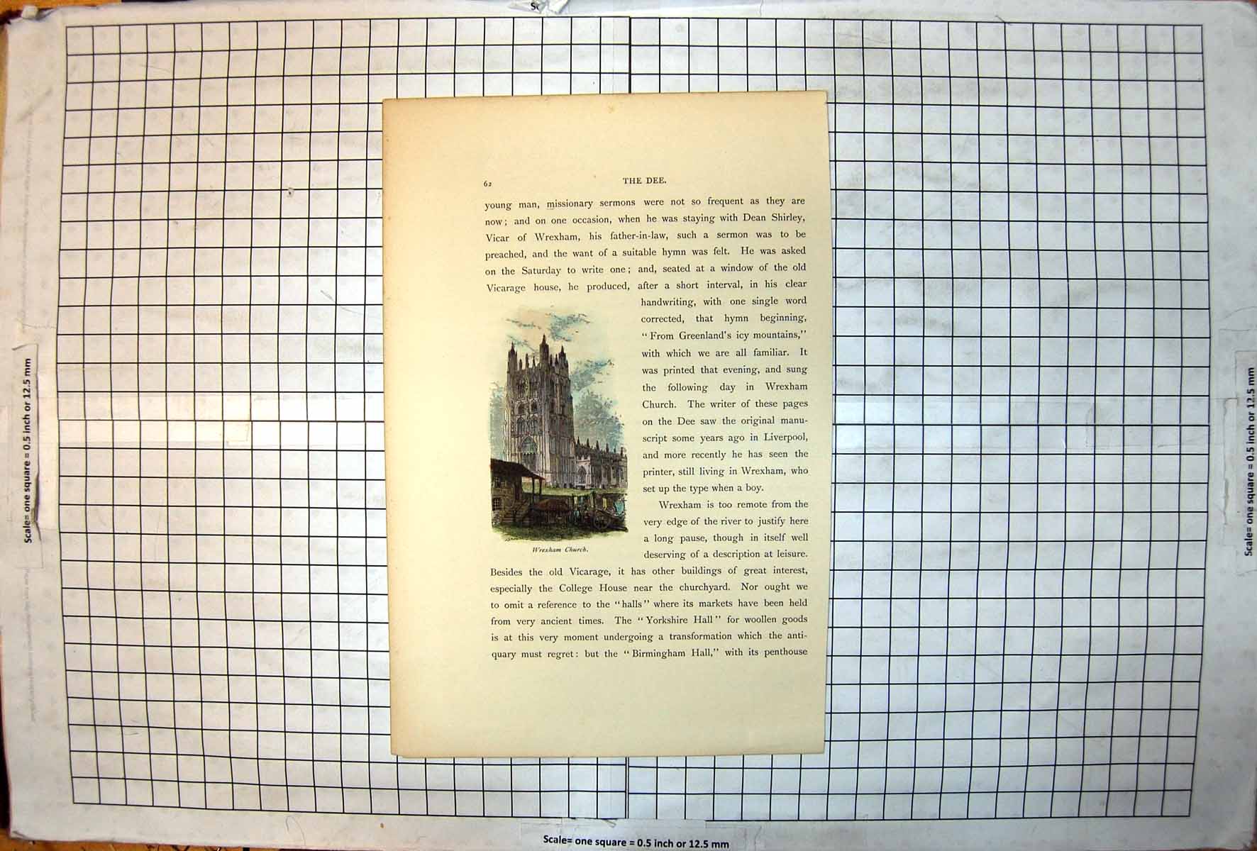 Old Antique Print Wrexham Church Tower Wooden House Cart People Washing