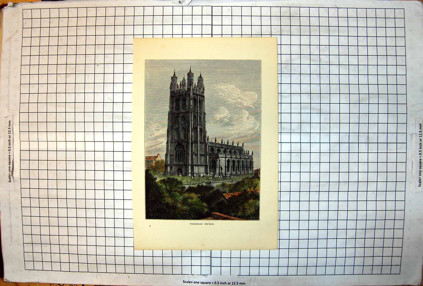 Antique Old Print Wrexham Church Tower Arched Doorway Windows Trees Buildings