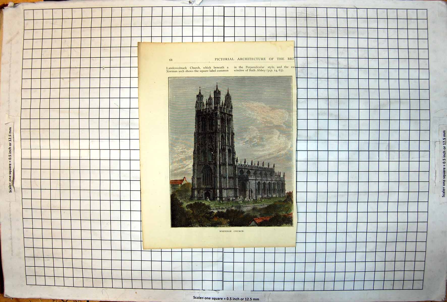 Antique Old Print Wrexham Church Tower Arched Doorway Windows Trees Graveyard