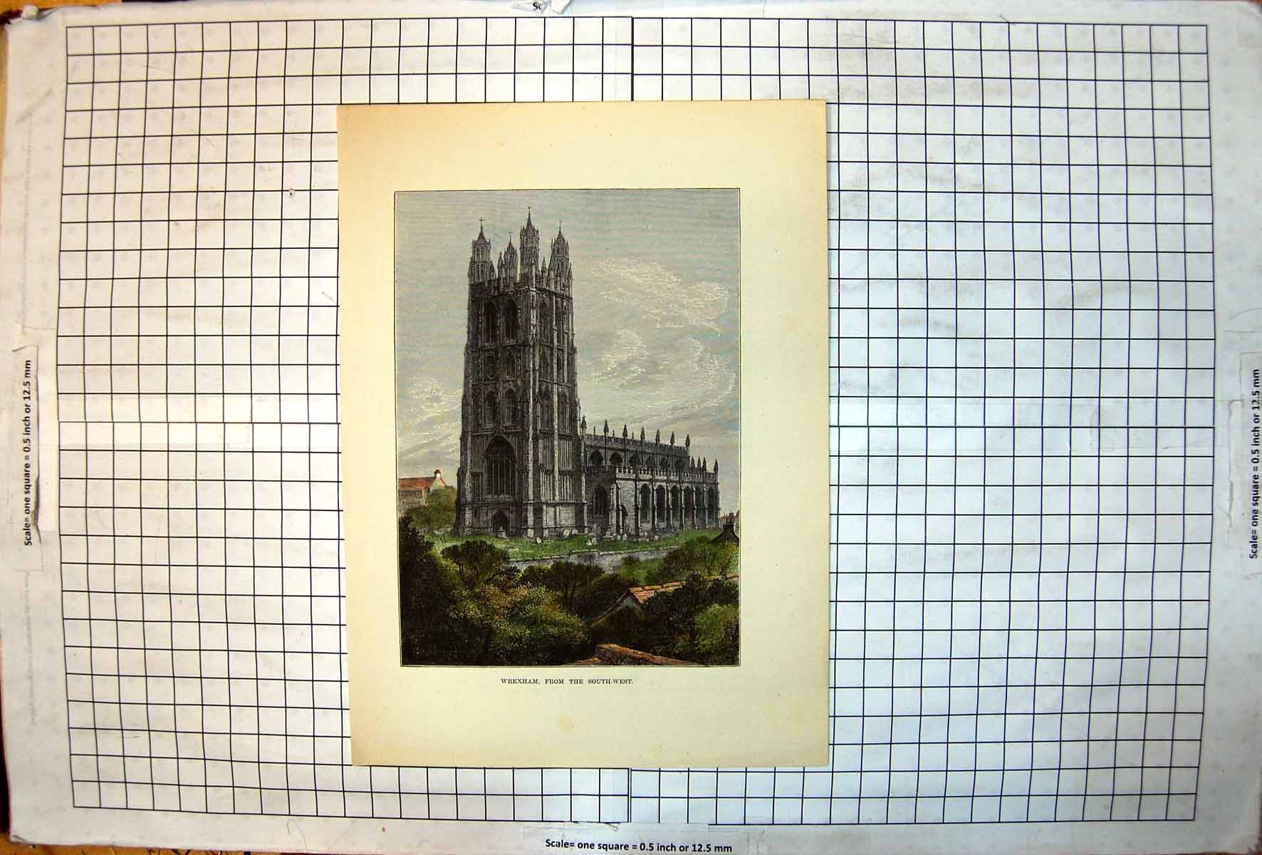 Antique Old Print Wrexham Church Tower From The South West Trees Graveyard