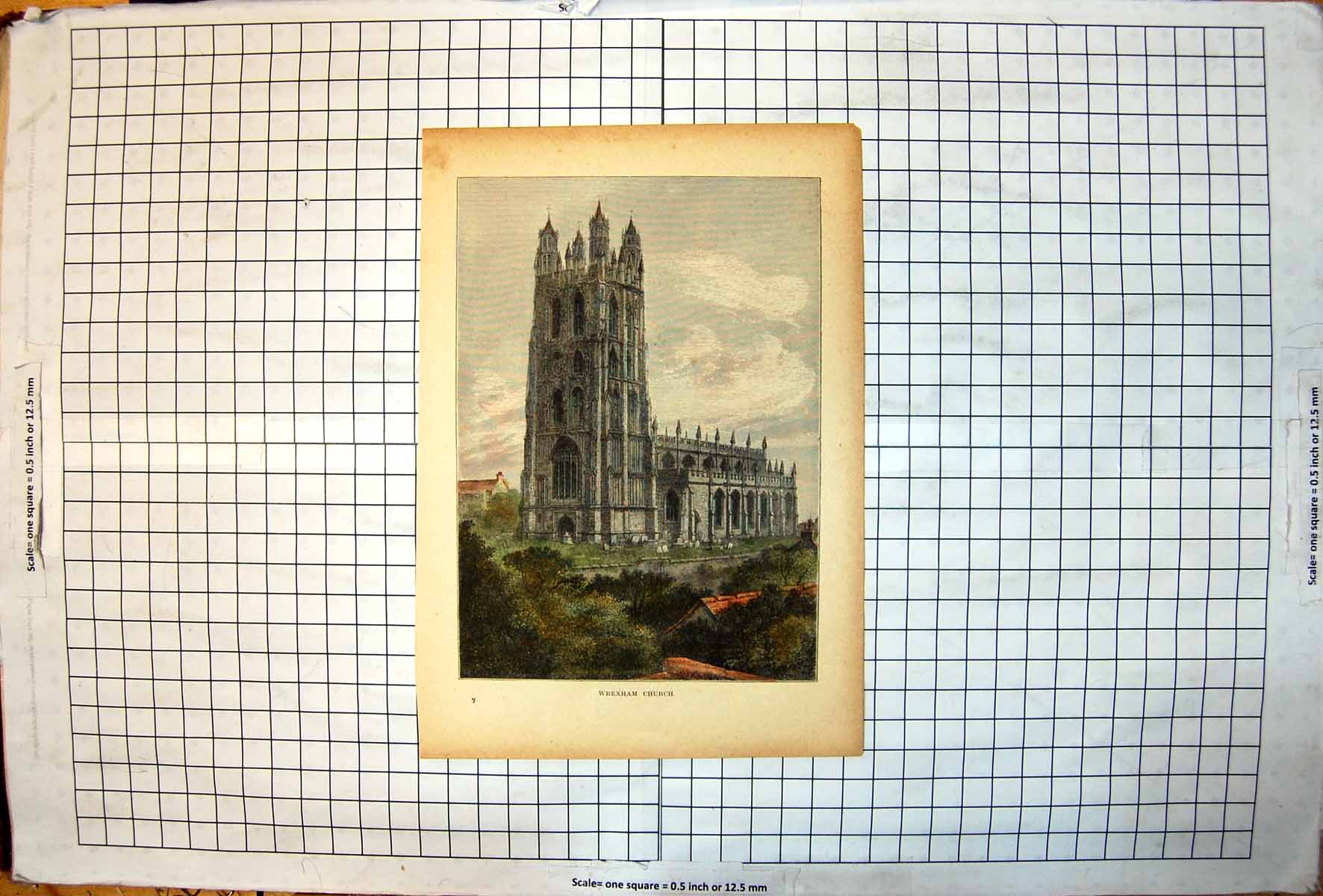 Original Old Antique Print Wrexham Church Tower From South West Trees Graveyard