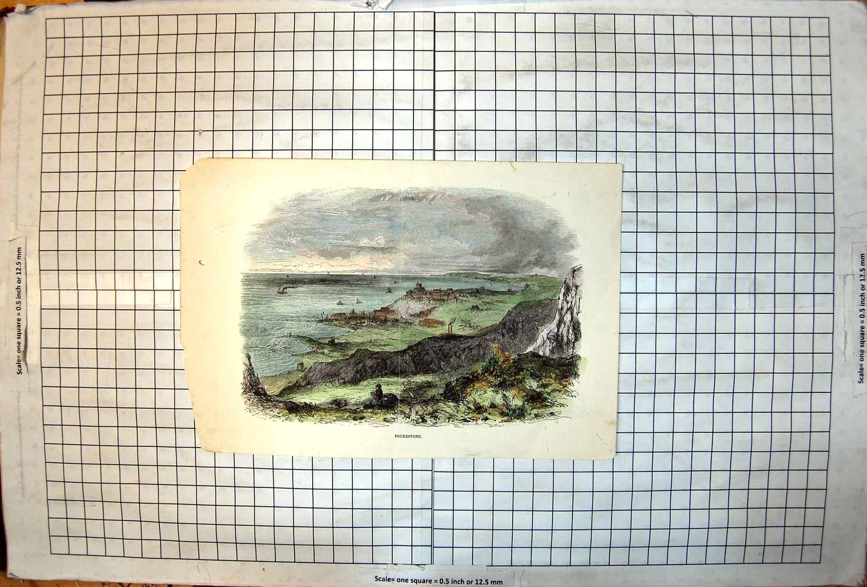Antique Print Folkestone Kent Fishing Boats Sail Sands Buildings Cliff Top