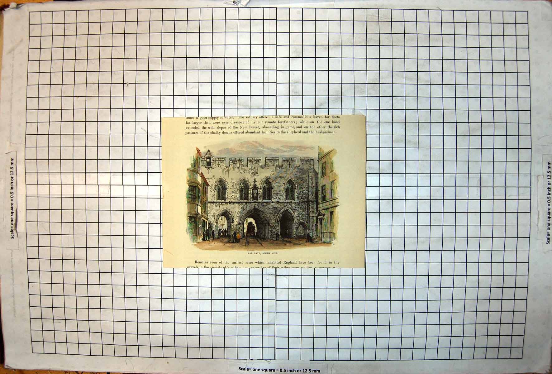 Old Antique Print Bar Gate South Side Archways Horse Carriage Pedestrians