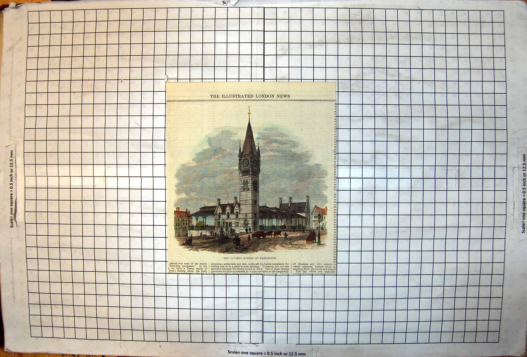 Old Antique Print New Covered Market Darlington Clock Tower Horses Carts