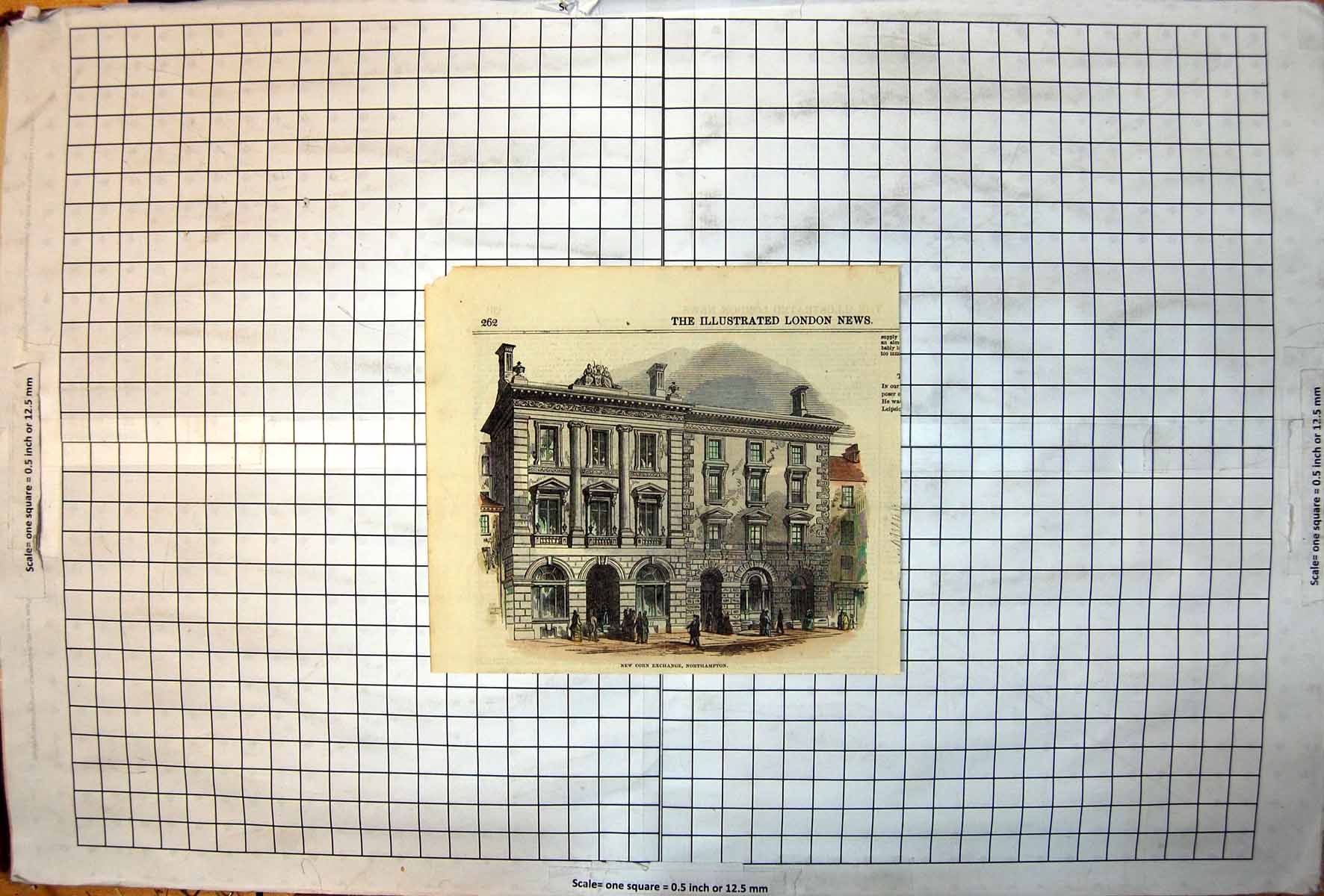 Antique Old Print New Corn Exchange Northampton Arches Columns Pedestrians