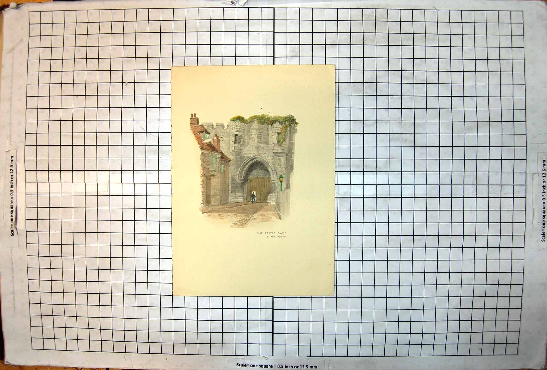 Old Print The Castle Gate Jasper Salwey Wooden Inset Stone Arch Buildings