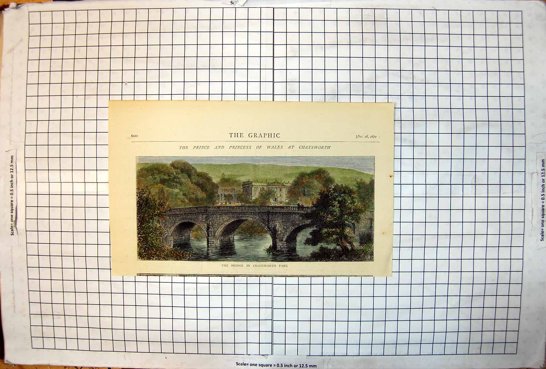 Antique Print Bridge Chatsworth Park House Beyond Gardens Trees River 1872 19th