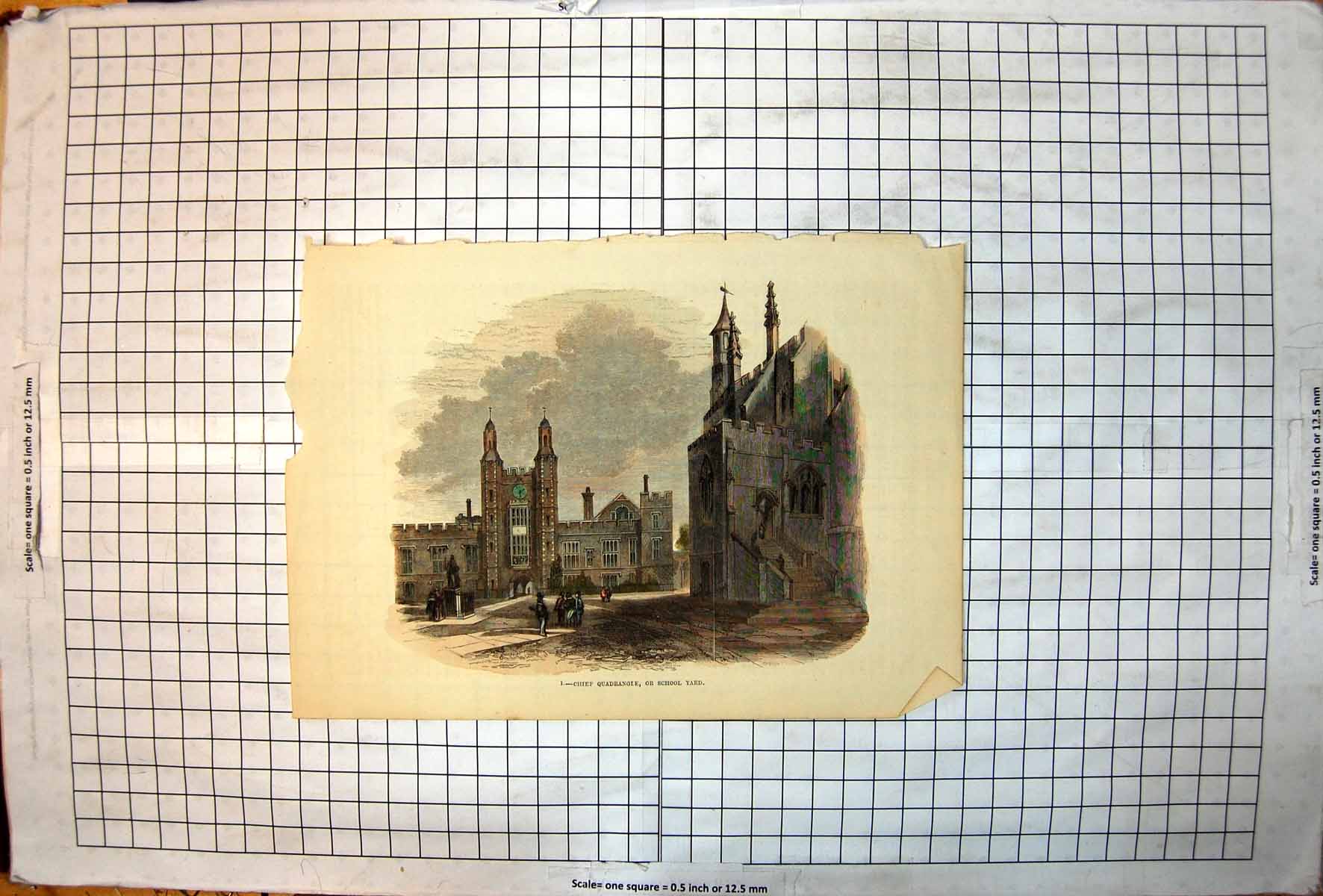 Old Print Chief Quadrangle Or School Yard Buildings Clock Tower Children