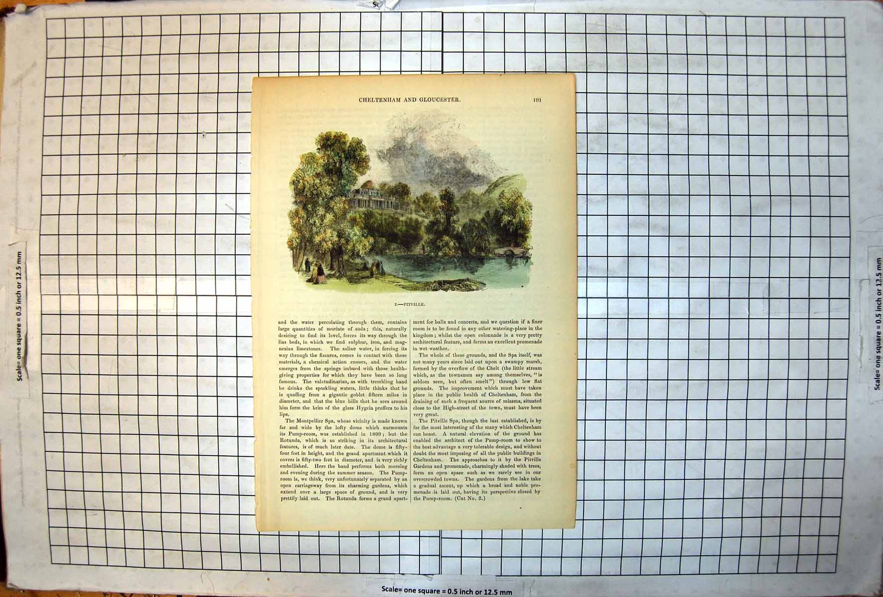 Antique Print Pitville Columned Building Lakeside Promenaders Trees Avenue