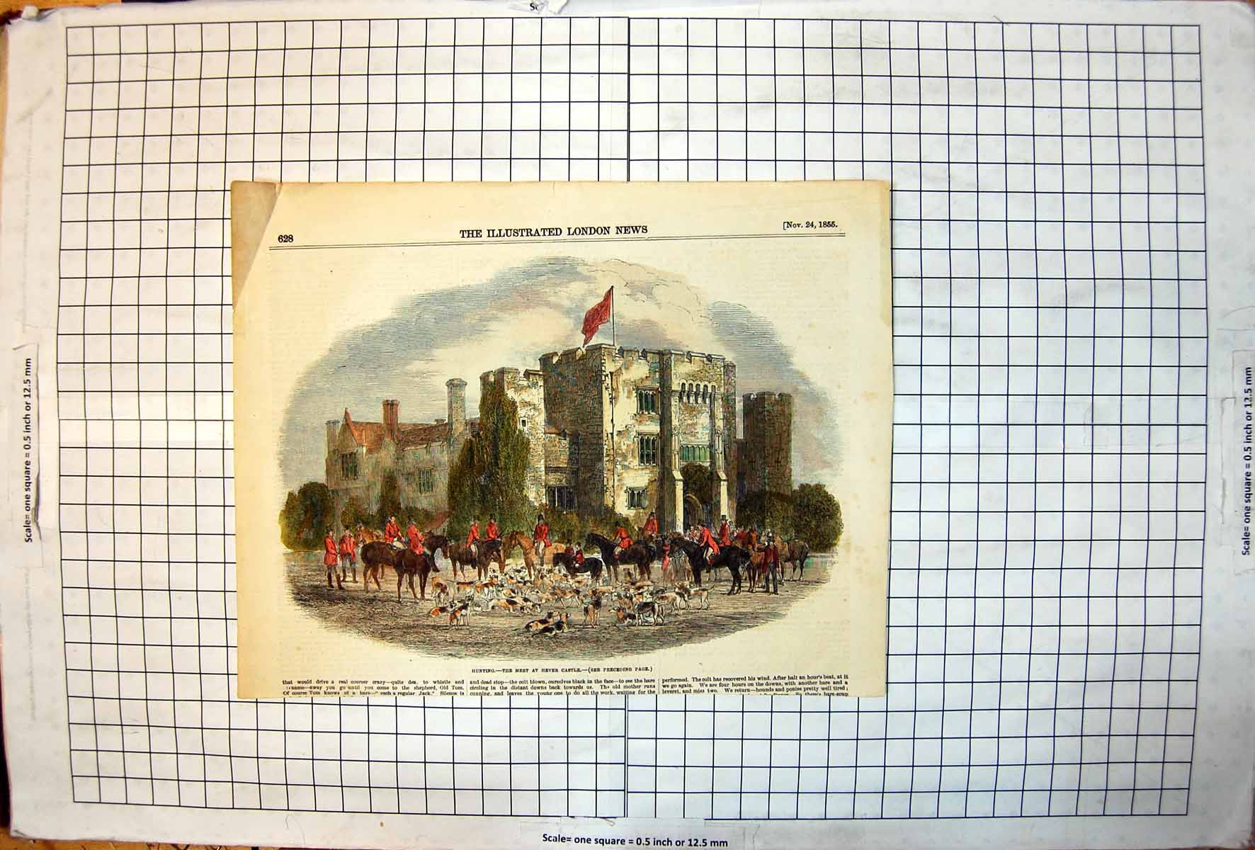 Antique Old Print Hunting Meet Hever Castle Hounds Horses Riders Flag 1855 19th