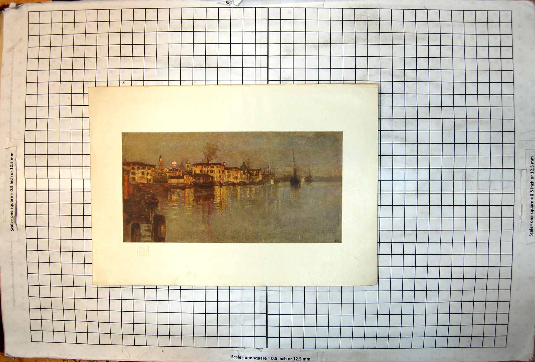 Antique Print Waterside Sunset Buildings Soft Glow Boats Reflections Ships