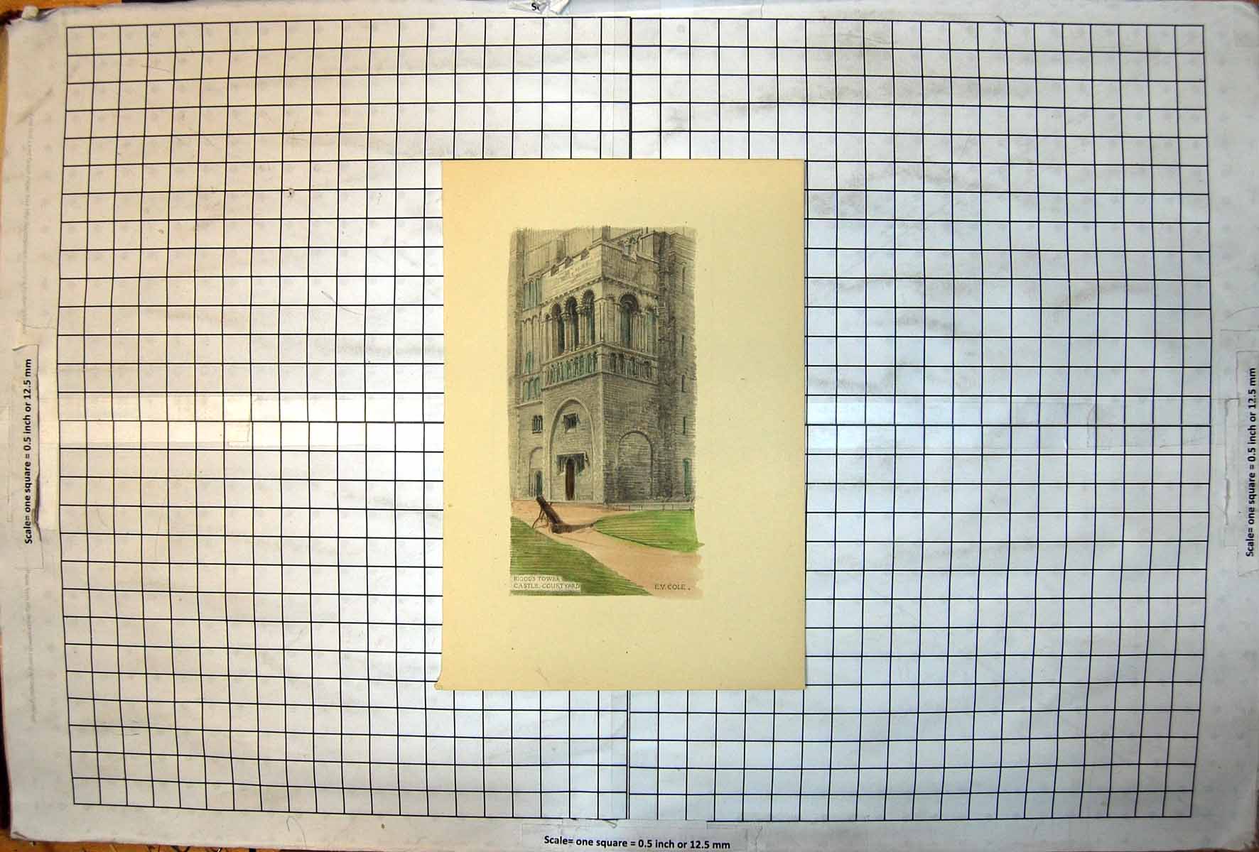 Antique Old Print Bigod'S Tower Castle Courtyard EVCole Cannon Building Grass